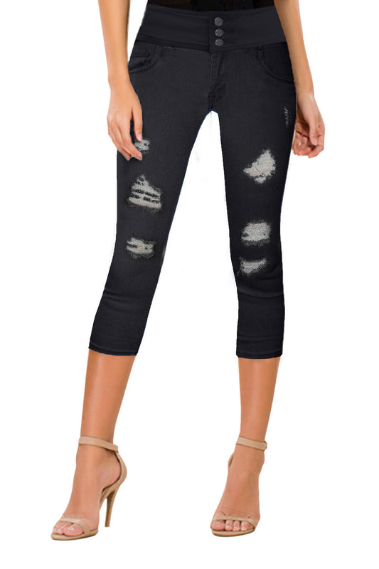 Women's Butt Lifting 3-Button Wide Waist Capri Jeans