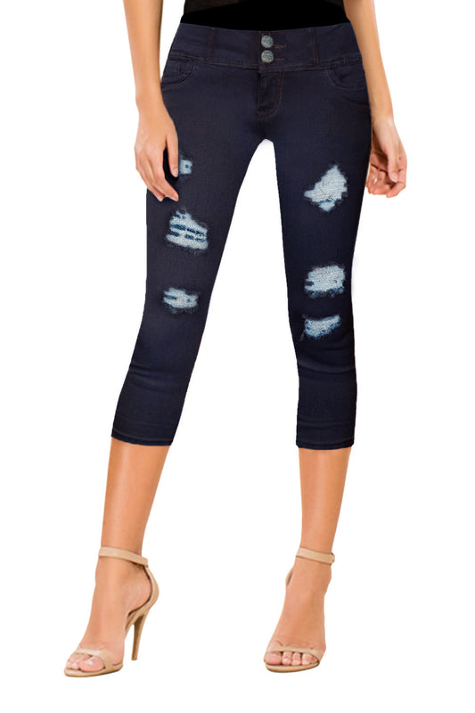 Women's Ripped/Destructed Butt Lift V2 Super Comfy Stretch Denim Capri