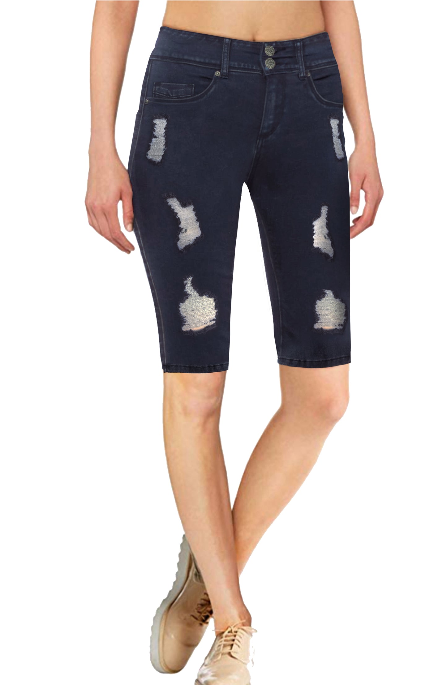 Women's Ripped/Destructed Butt Lift V2 Super Comfy Stretch Denim Bermuda Short