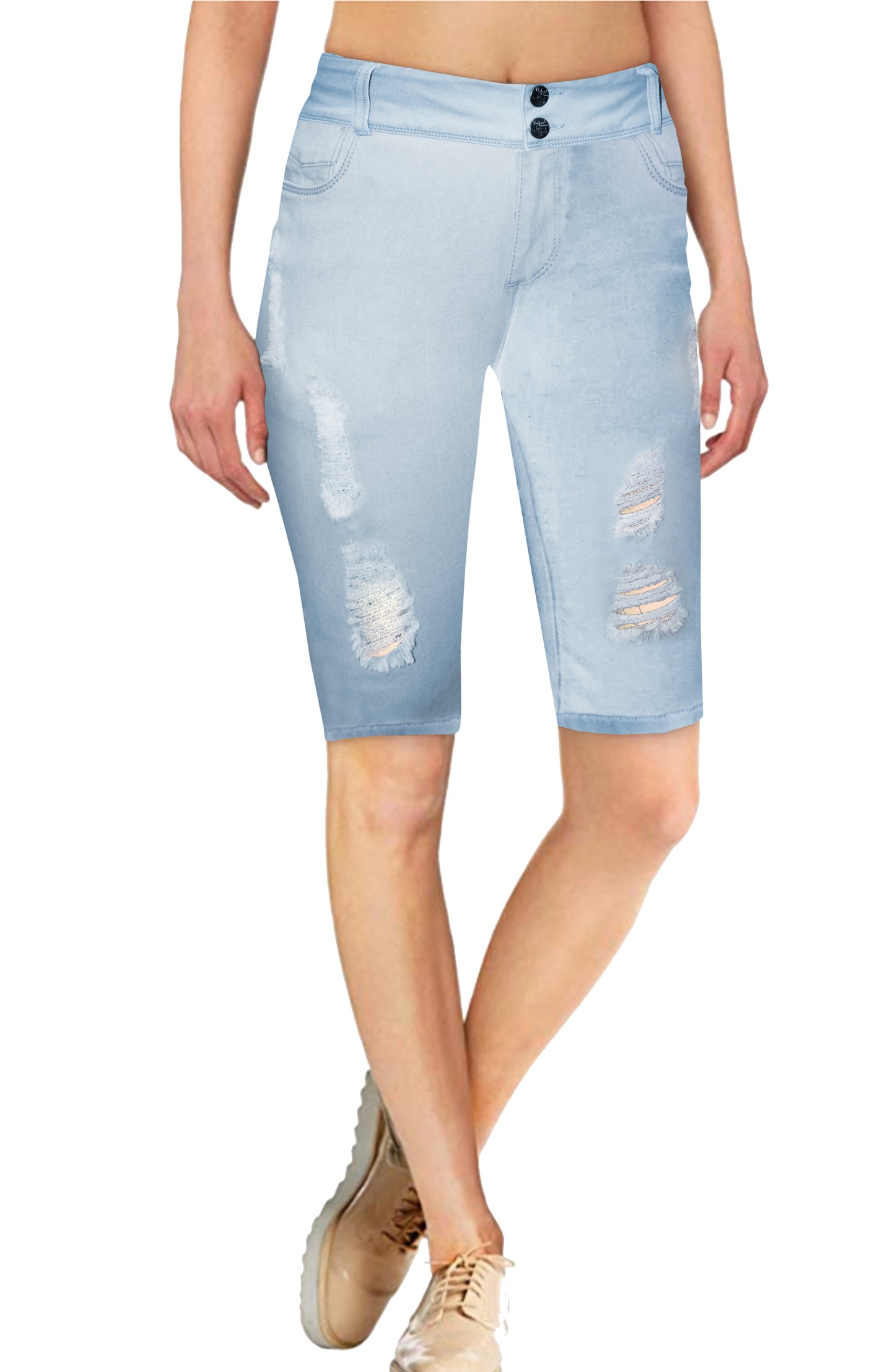 Women's Ripped/Destructed Butt Lift V2 Super Comfy Stretch Denim Bermuda Short