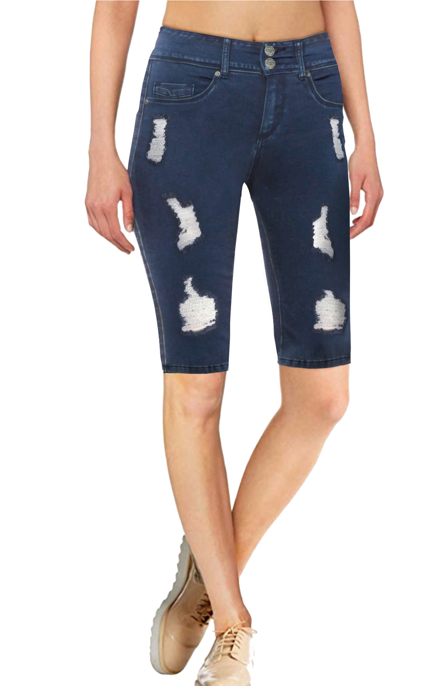 Women Ripped/Destructed Butt Lift 3 Button High Wide Waist Bermuda Short