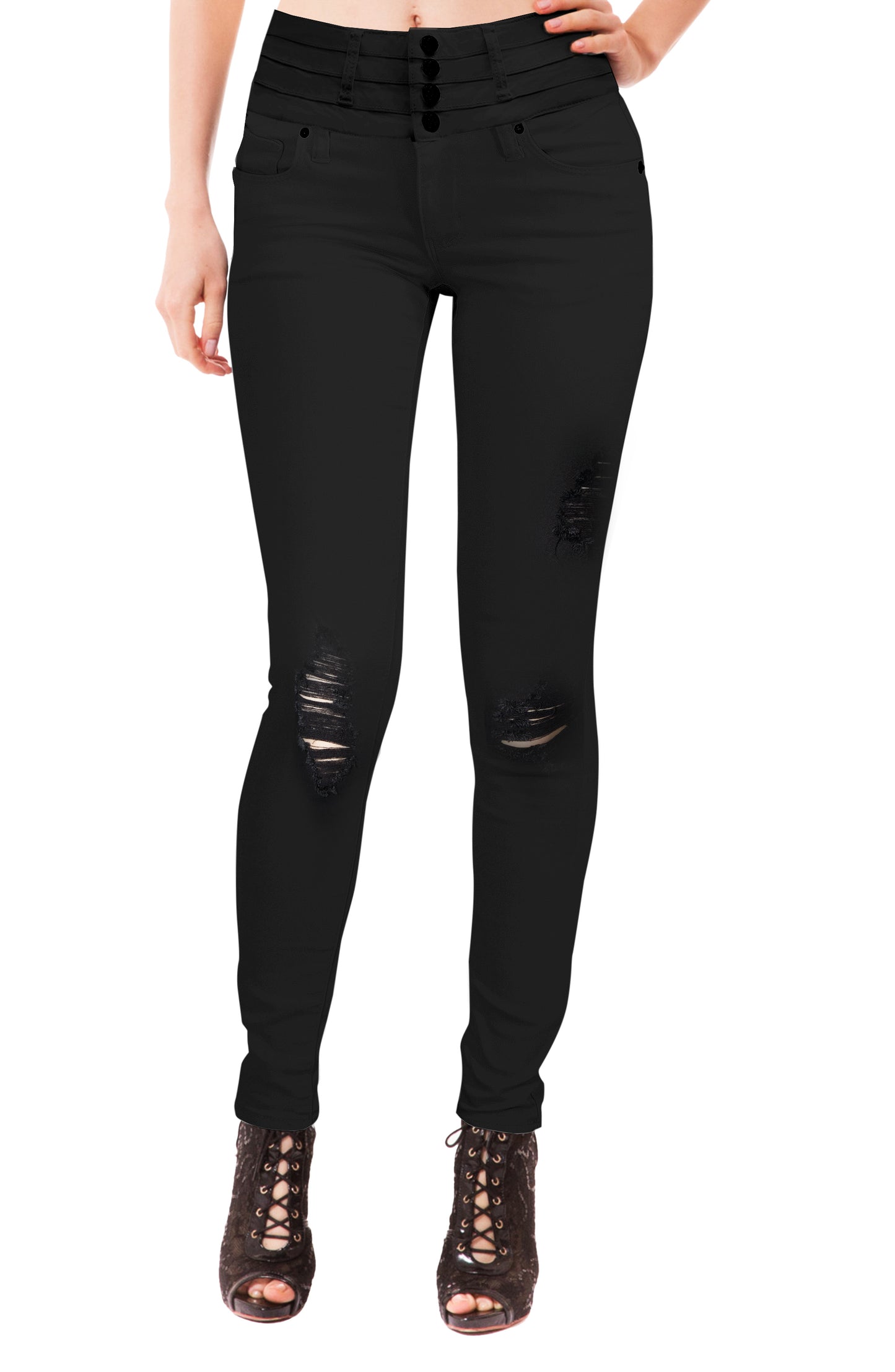 Women Butt Lift 4 Buttons High Wide Waist Stretch Denim Ripped Distressed Skinny Jeans