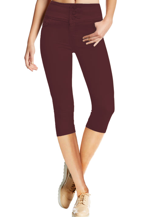 Women Butt Lift 3 Button High Wide Waist Capri