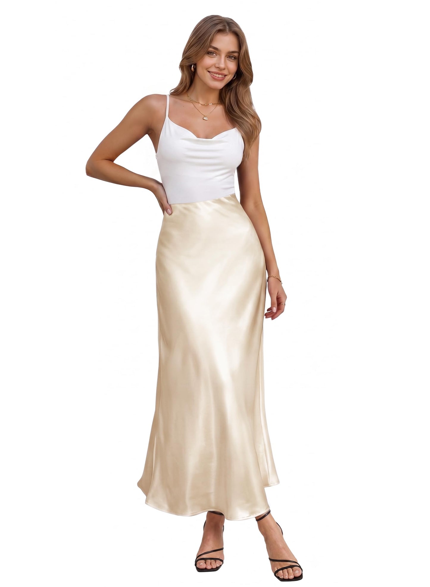 Hybrid & Company Women's High Waist Satin Maxi Skirt