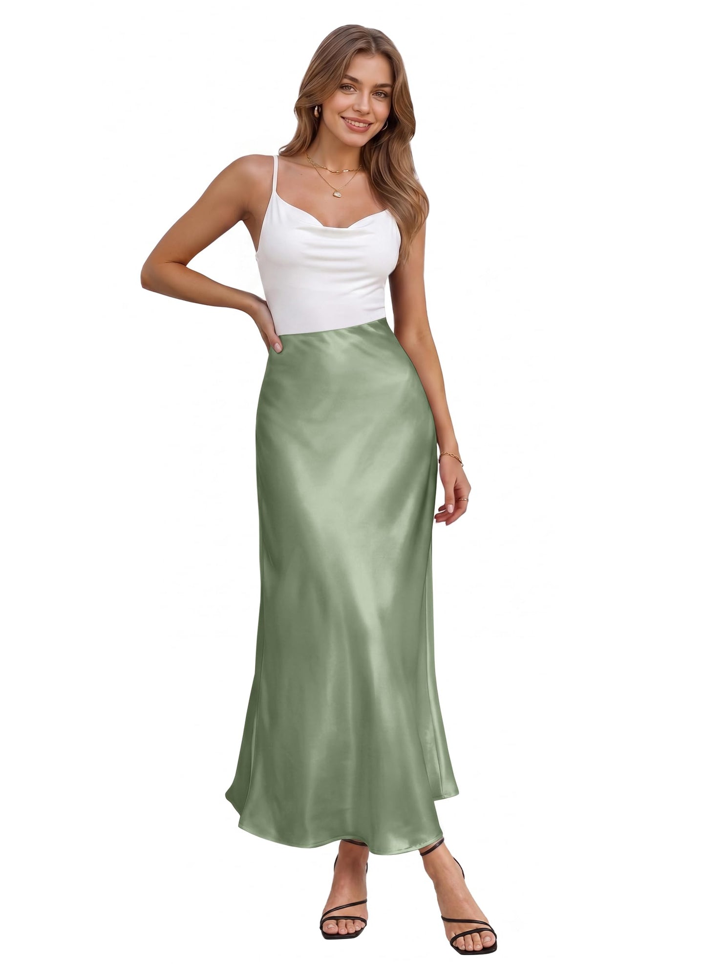 Hybrid & Company Women's High Waist Satin Maxi Skirt