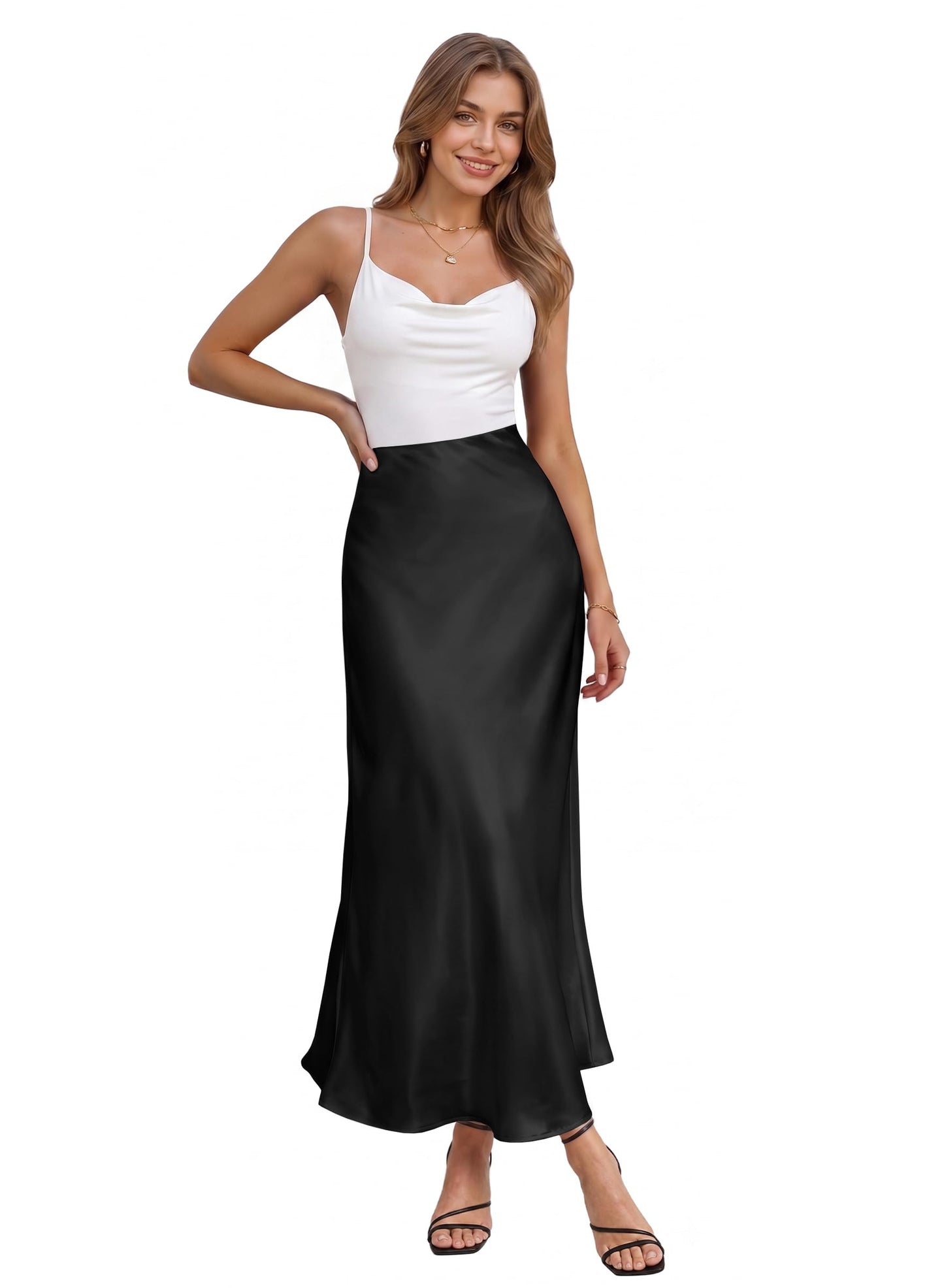 Hybrid & Company Women's High Waist Satin Maxi Skirt - Black