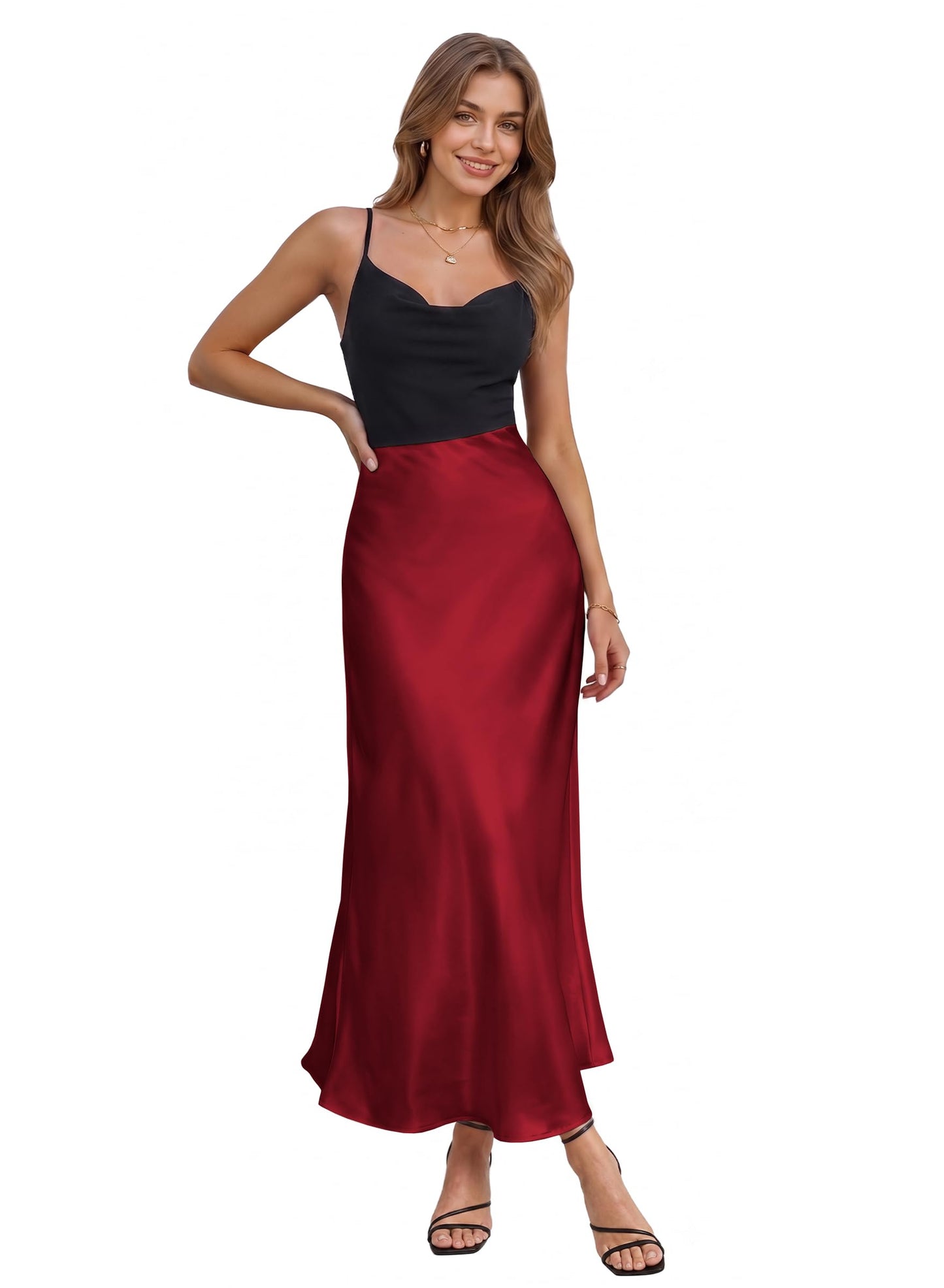 Hybrid & Company Women's High Waist Satin Maxi Skirt