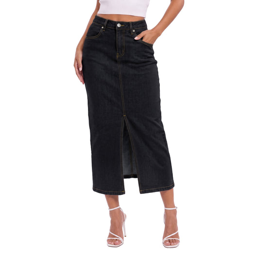 Hybrid & Company Women's Long Denim Stretch Jean Skirt - BLACK