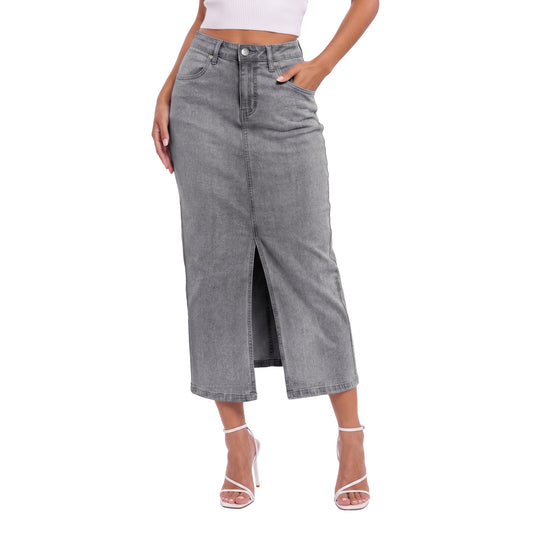 Hybrid & Company Women's Long Denim Stretch Jean Skirt - GREY