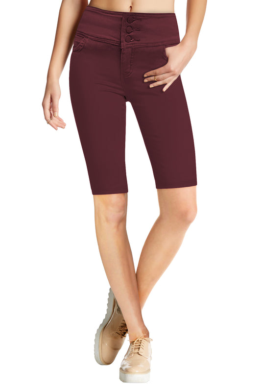 Women Butt Lift 3 Button High Wide Waist Bermuda Short