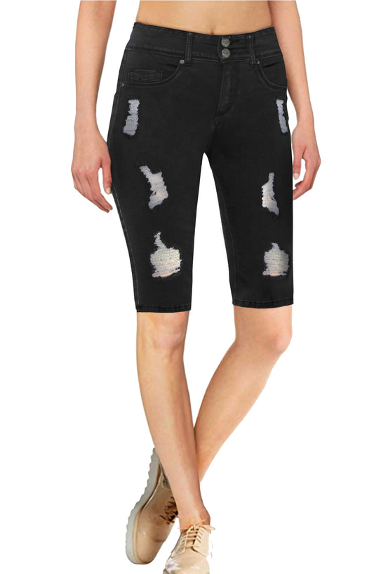 Women's Ripped/Destructed Butt Lift V2 Super Comfy Stretch Denim Bermuda Short