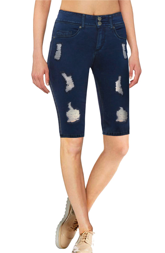 Women's Ripped/Destructed Butt Lift V2 Super Comfy Stretch Denim Bermuda Short
