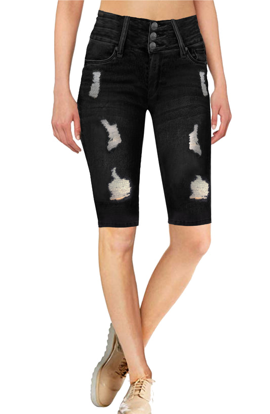 Women Ripped/Destructed Butt Lift 3 Button High Wide Waist Bermuda Short