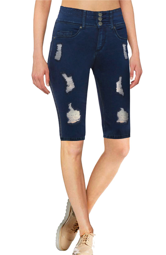 Women Ripped/Destructed Butt Lift 3 Button High Wide Waist Bermuda Short