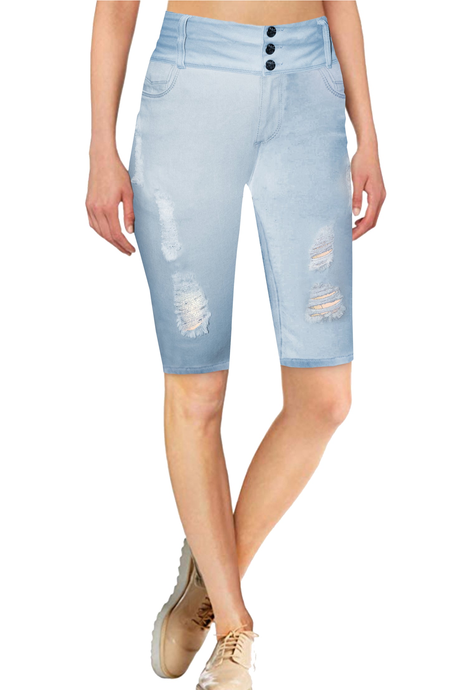 Women Ripped/Destructed Butt Lift 3 Button High Wide Waist Bermuda Short