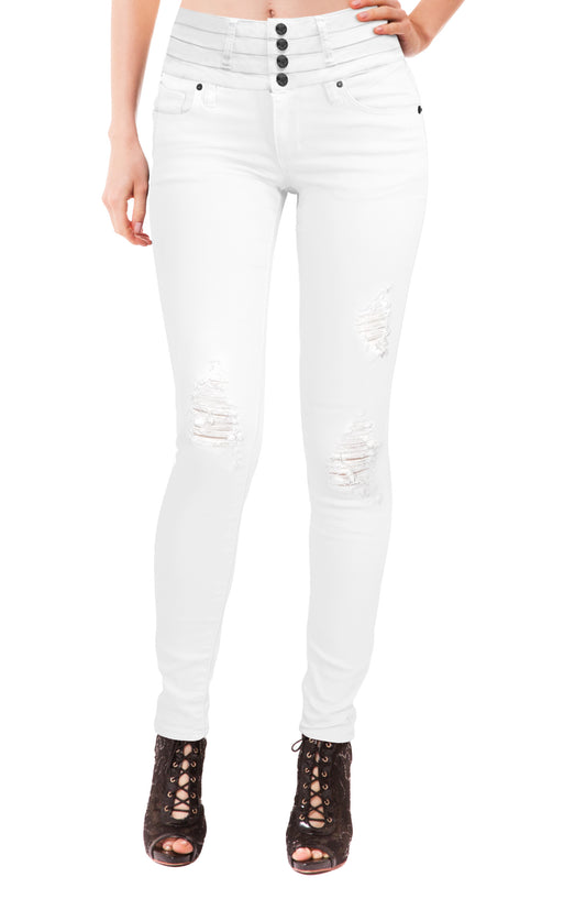 Women Butt Lift 4 Buttons High Wide Waist Stretch Denim Ripped Distressed Skinny Jeans