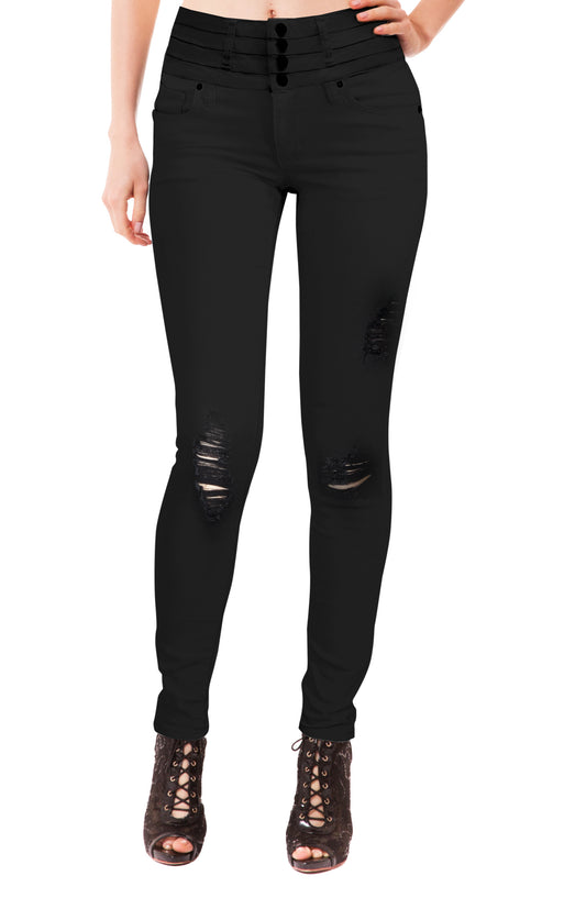 Women Butt Lift 4 Buttons High Wide Waist Stretch Denim Ripped Distressed Skinny Jeans