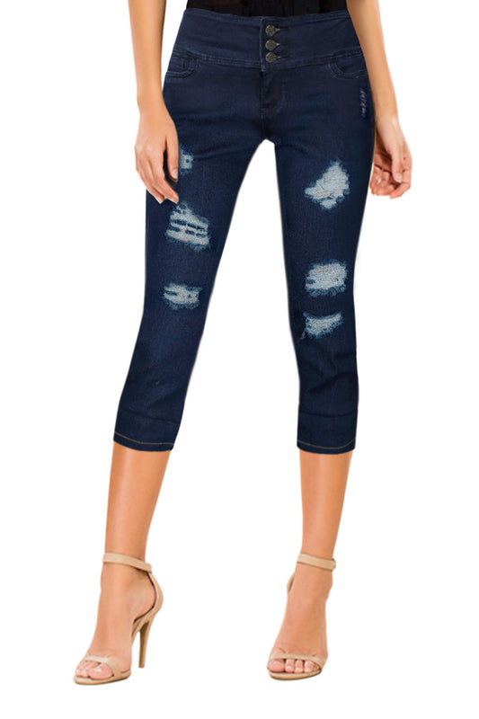 Plus Size Women Ripped/Destructed Butt Lift 3 Button High Wide Waist Capri