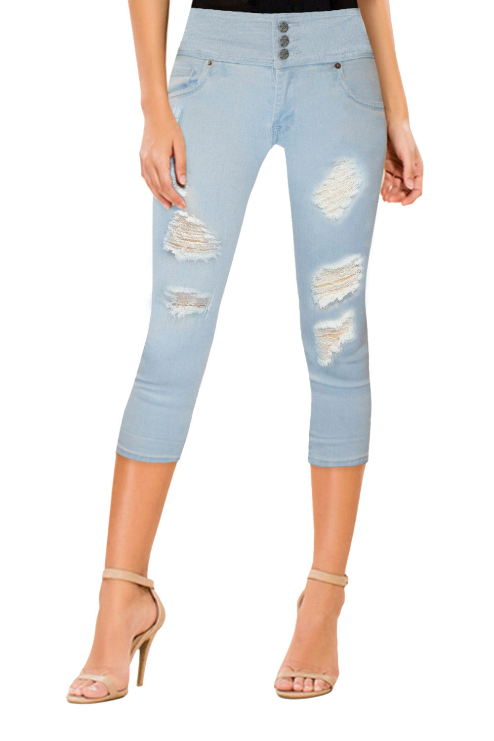Plus Size Women Ripped/Destructed Butt Lift 3 Button High Wide Waist Capri