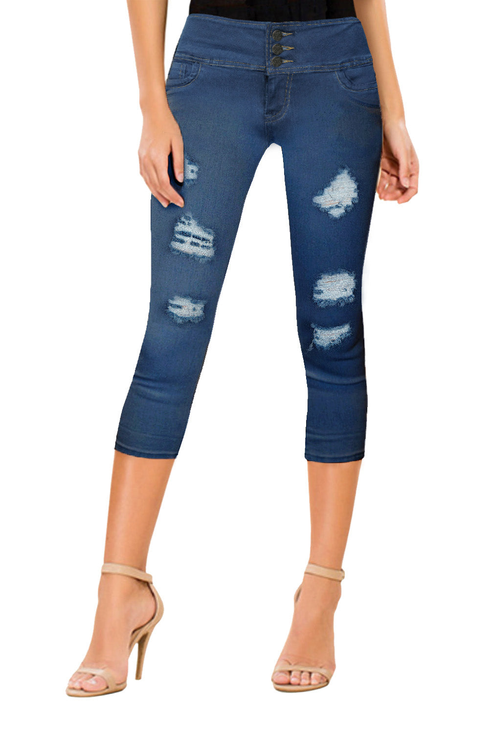 Plus Size Women Ripped/Destructed Butt Lift 3 Button High Wide Waist Capri